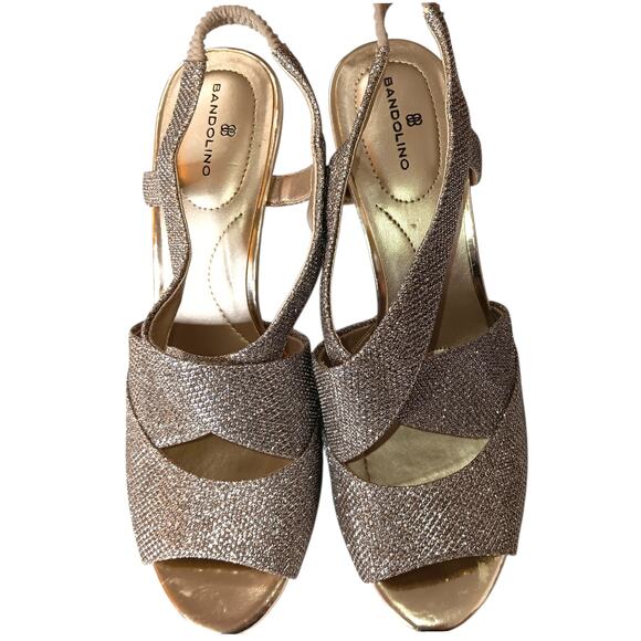 Bandolino Sparkly Metallic Dressy Heels 8 Gold Elastic Slingback Prom Dance Hoco - Picture 6 of 11